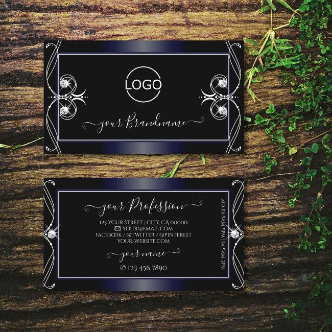 Black Dark Blue Ornate Sparkling Diamonds Add Logo Business Invitations