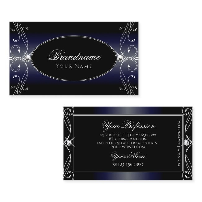 Black Dark Blue Ornate Sparkling Diamonds Ornament Business Invitations