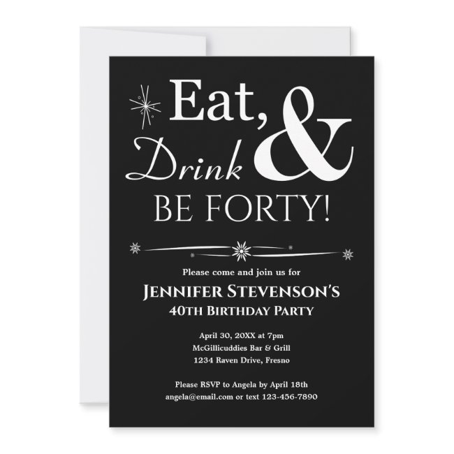 Black Eat Drink & Be Forty 40th Birthday Retro Invitation