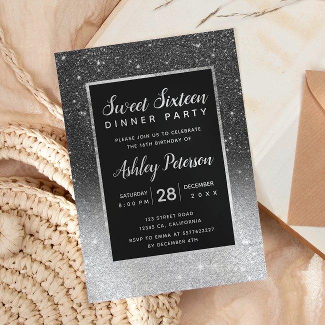 Black Glitter Silver Typography Sweet 16 Invitation