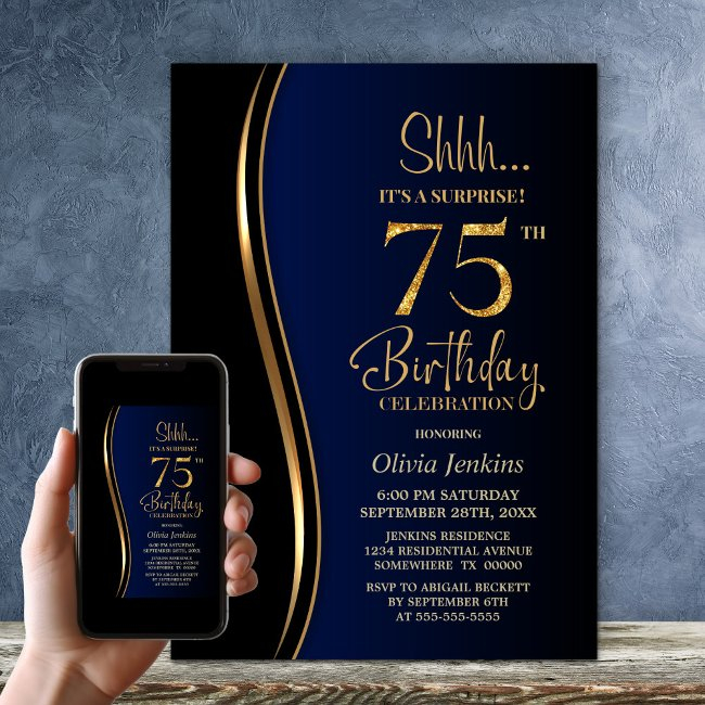 Black Gold Blue Surprise 75th Birthday Invitation