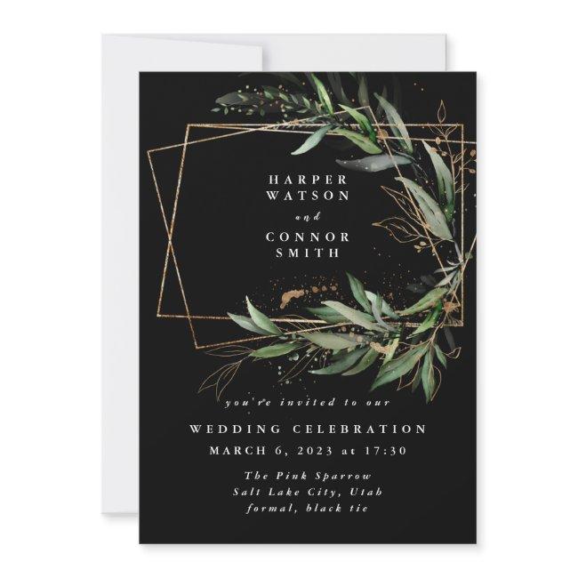 Black Gold Diamond Geometric Eucalyptus Elegant Invitation