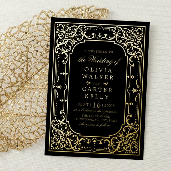 Black Gold Elegant Ornate Romantic Vintage Wedding Foil Invitation