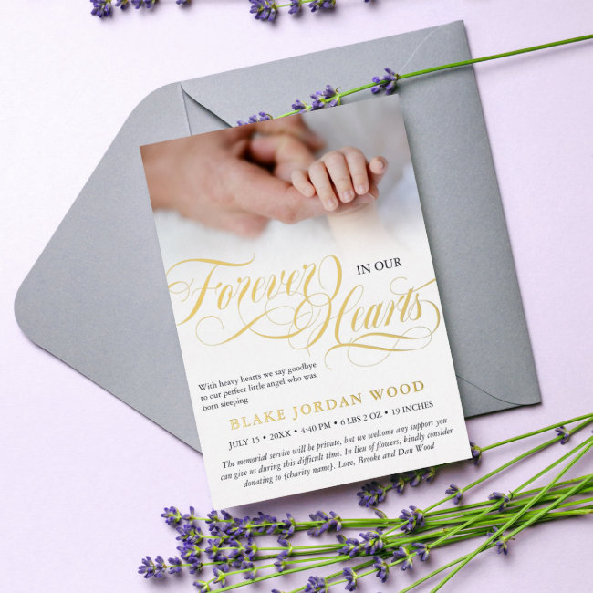 Black Gold Forever In Our Hearts Baby Memorial Foil Invitation