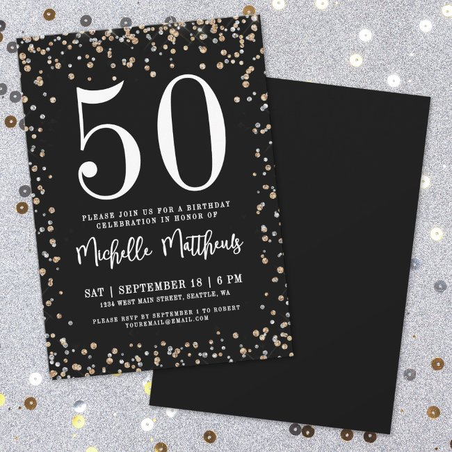 Black Gold Glitter 50th Birthday Party Invitation