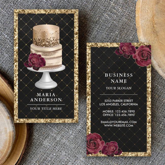 Black Gold Glitter Floral Cake Pastry Chef Bakery Business Invitations