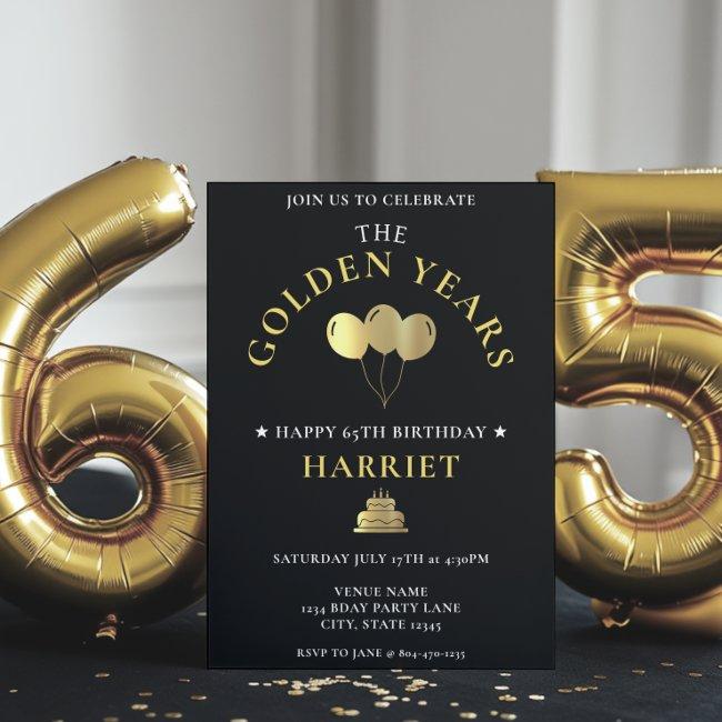 Black & Gold Golden Years 65th Birthday Invitation