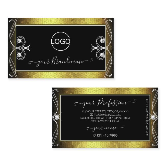 Black Gold Mosaic Ornate Sparkle Diamonds Add Logo Business Invitations