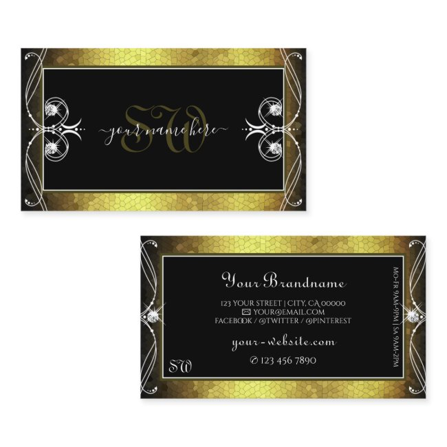 Black Gold Mosaic Ornate Sparkle Diamonds Initials Business Invitations