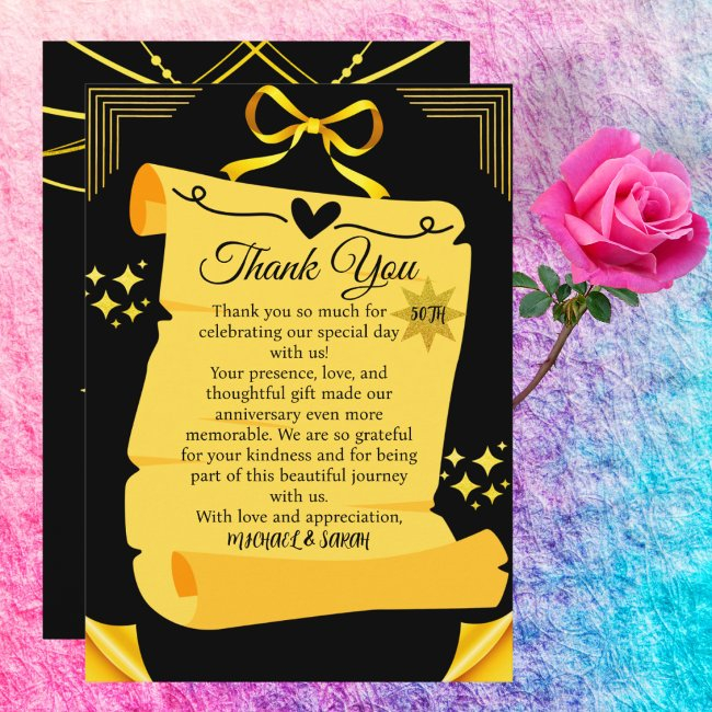 Black & Gold Old Scroll 50th Wedding Anniversary Thank You Invitations