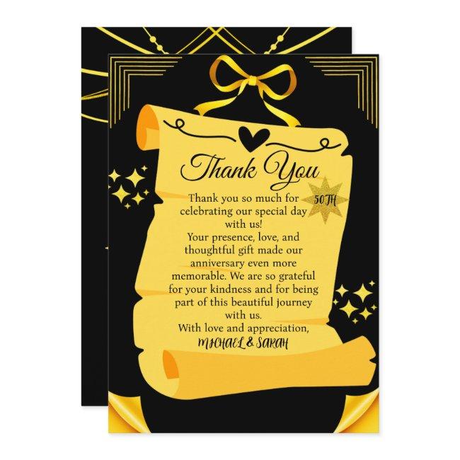 Black & Gold Old Scroll 50th Wedding Anniversary Thank You Invitations