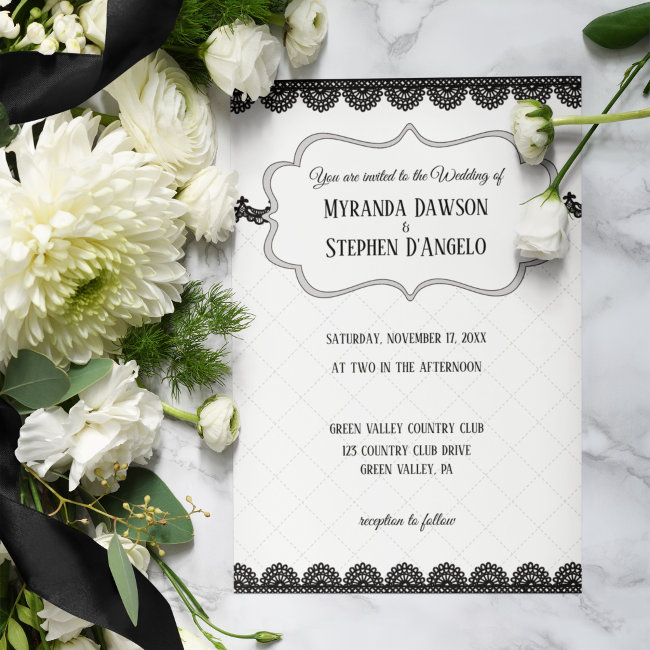 Black Lace On White Custom Wedding Invitation