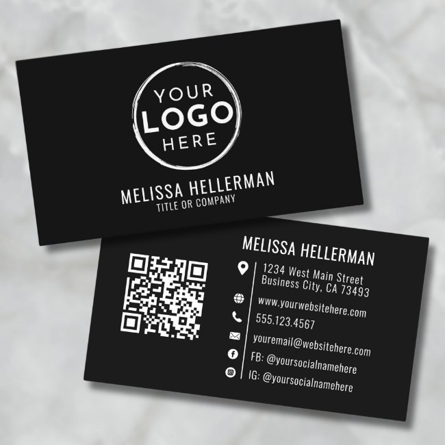 Black Modern Minimalist Professional Logo Qr Code Business Invitations