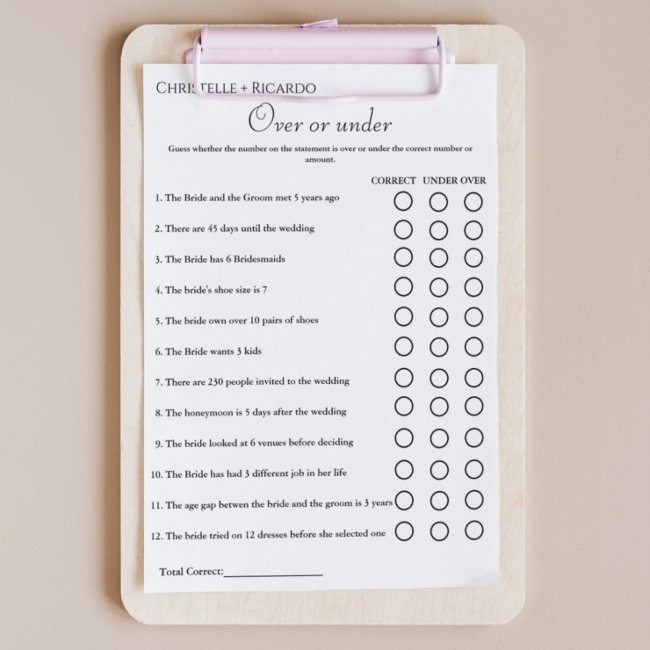 Black Over Or Under Bridal Shower Game Announcement