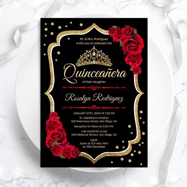 Black Red Gold Elegant Quinceanera Invitation