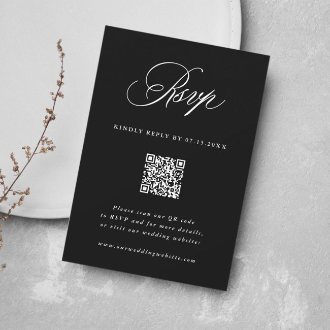 Black Romantic Calligraphy Wedding Qr Code Rsvp Invitations