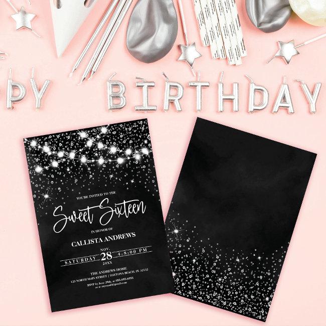 Black Silver Glitter Sparkles Lights Sweet 16 Invitation