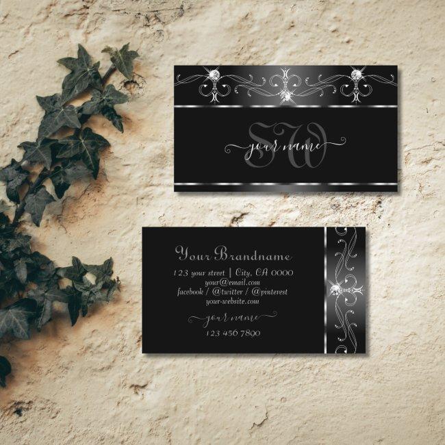 Black Silver Squiggles Sparkling Diamonds Initials Business Invitations