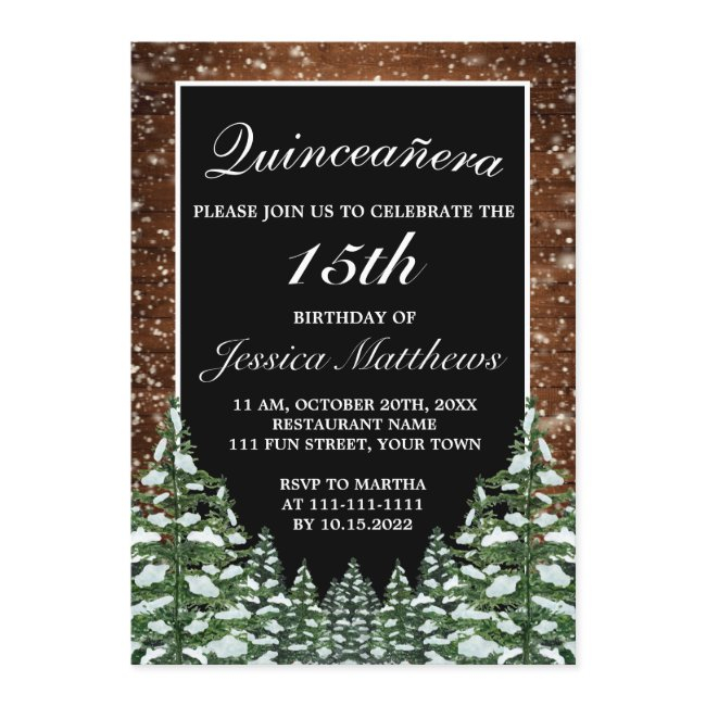 Black Snowy Forest & Wood Pine Tiara Quinceañera Invitation