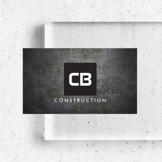 Black Square Monogram Grunge Metal Construction Business Invitations