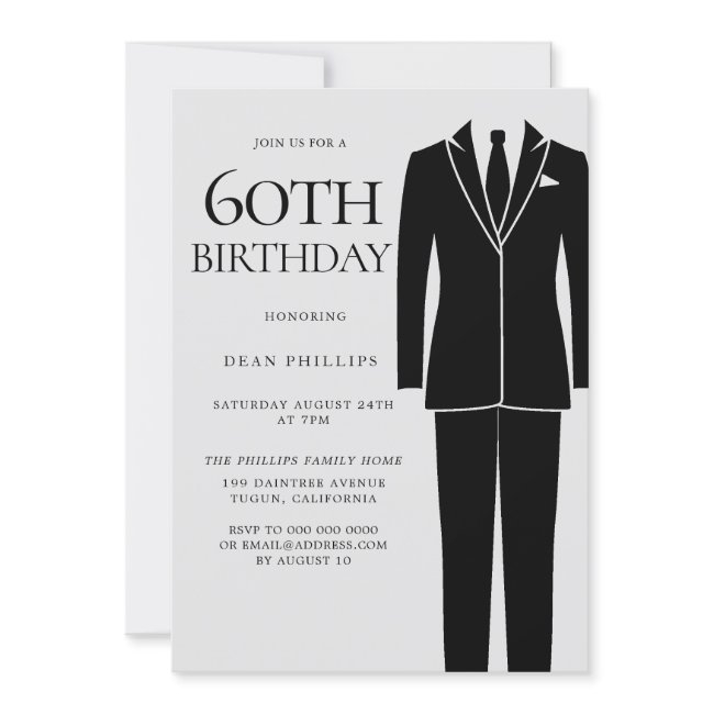 Black Suit & Tie Mens 60th Birthday Party Invitation