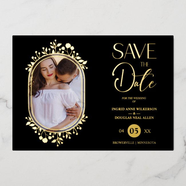 Black Wedding Fancy Ornament Frame Flowers Photo Foil Invitation