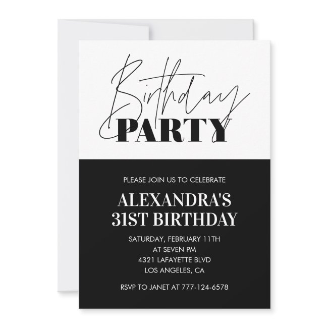 Black White 31st Birthday Invitations Party