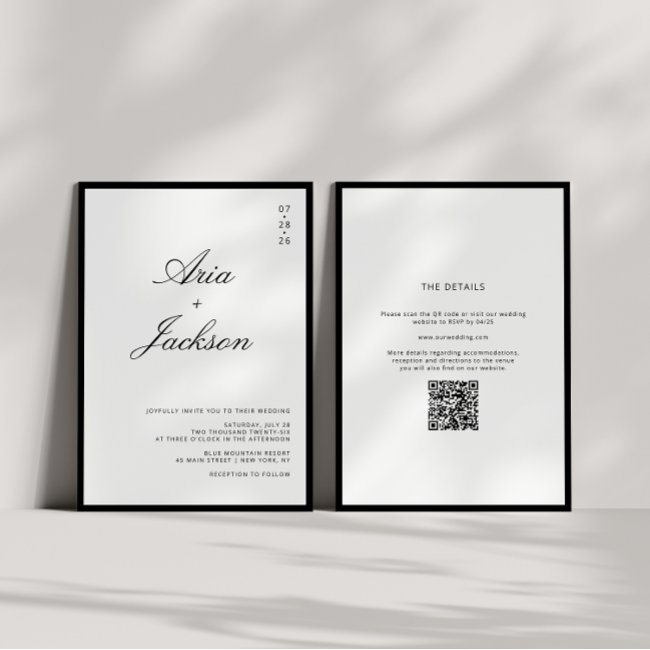 Black & White Calligraphy Modern Qr Code Wedding Invitation