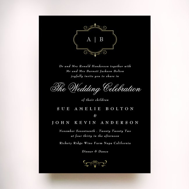 Black White Classic Gold Crest Monogram Wedding Foil Invitation