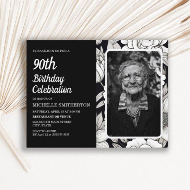 Black White Floral Women's Photo 90th Birthday Invitation Postinvitations