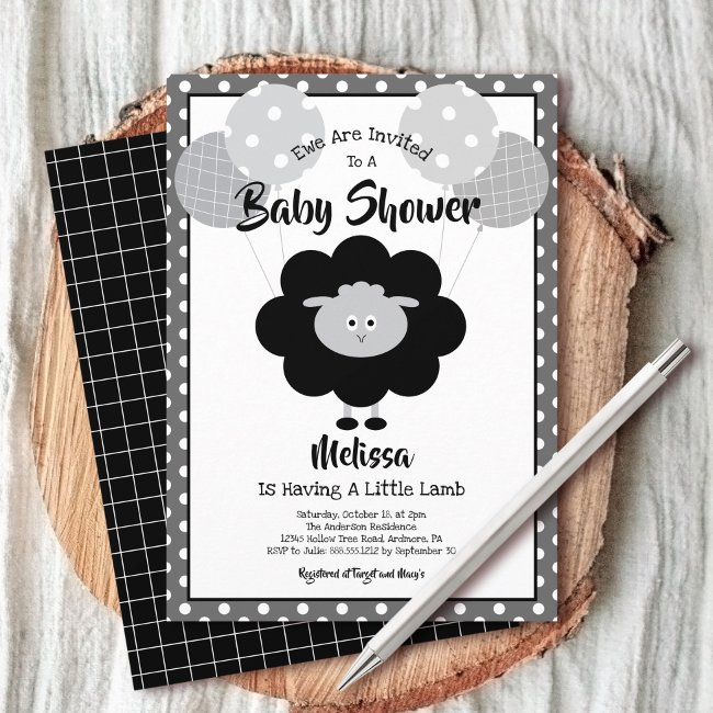 Black White Lamb Baby Shower Cute Simple Modern Invitation
