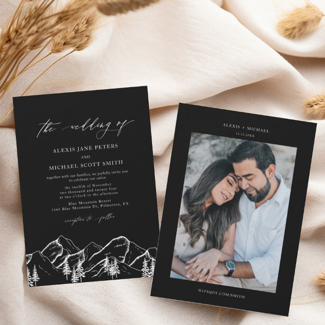 Black + White Mountains Outdoor Pine Tree Wedding Invitation