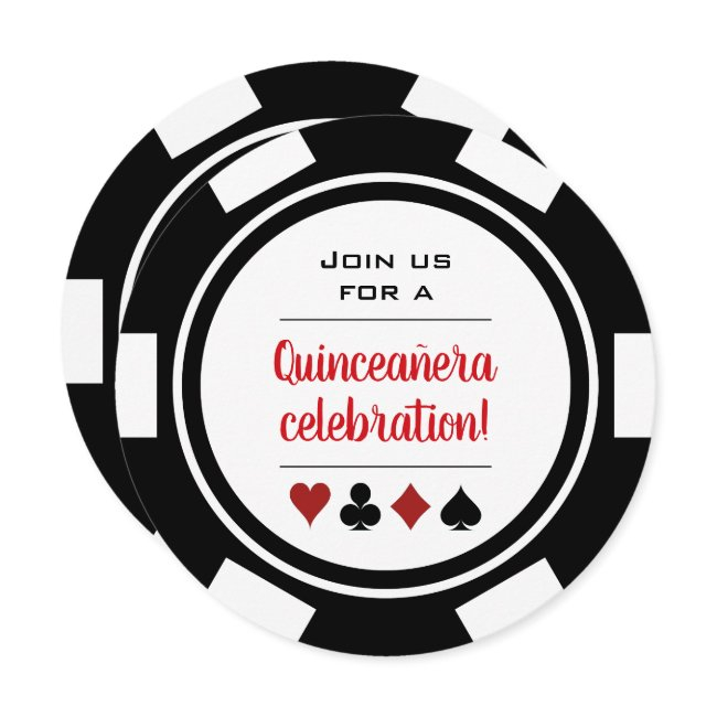 Black White Poker Chip Las Vegas Style Quinceañera Invitation