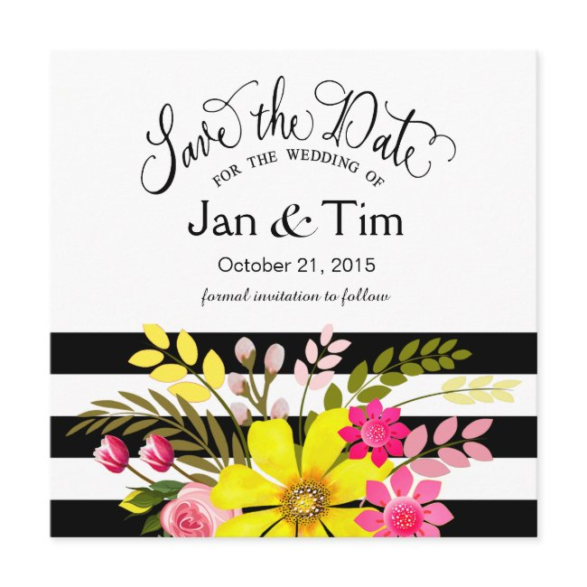 Black White Striped Flowers Save The Date Yellow