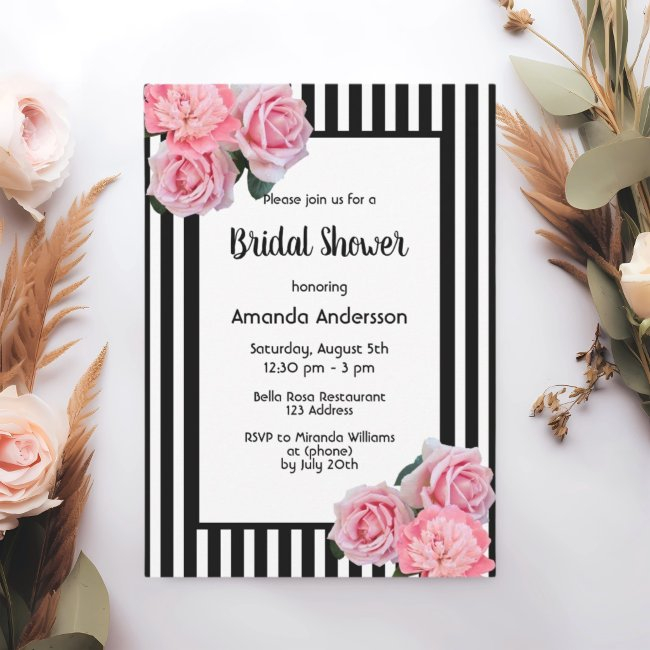 Black White Stripes Pink Florals Bridal Shower Invitation