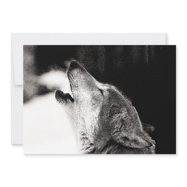 Black & White Wolf Howling At Moon Invitation