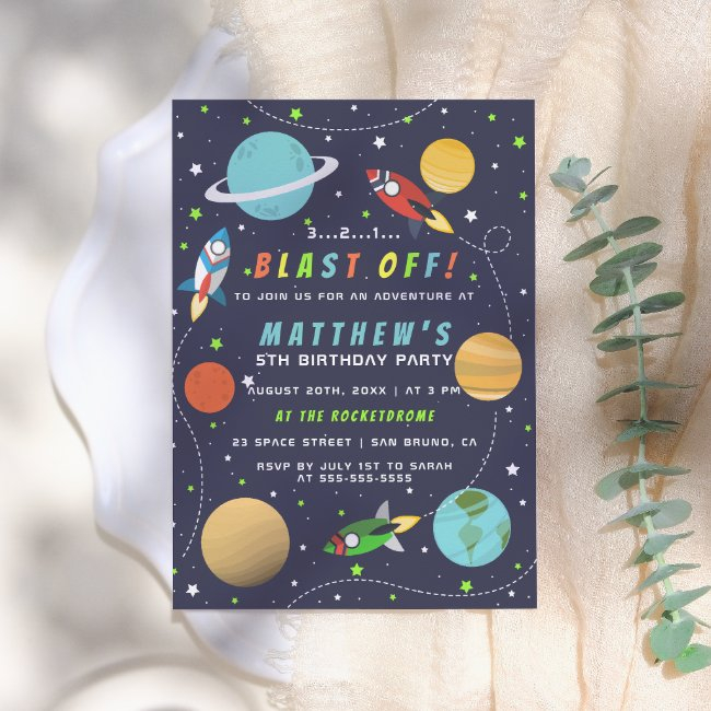 Blast Off! Space Themed Birthday Party Invitation
