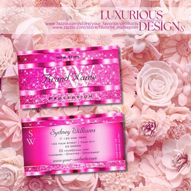 Bling Glam Girly Pink Glitter Spark Stars Monogram Business Invitations