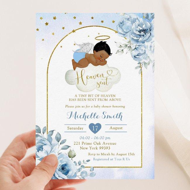 Blue African Little Angel Heaven Sent Baby Shower Invitation