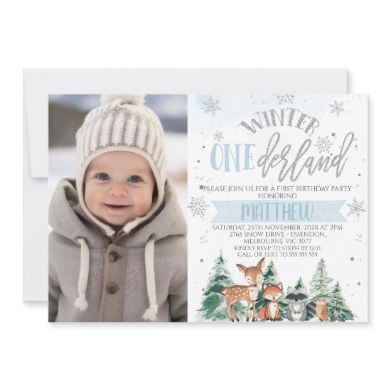 Blue And Silver Woodland Onederland 1st Birthday Invitation
