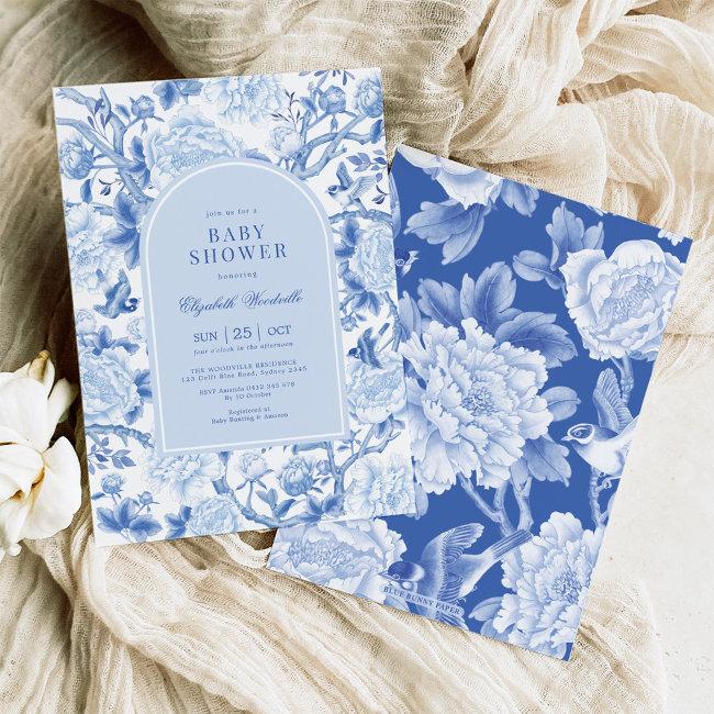 Blue Bird Peony Chinoiserie Garden Baby Shower Invitation