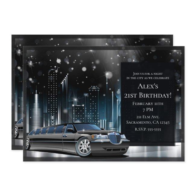 Blue & Black Limo Night In The City Birthday Party Invitation