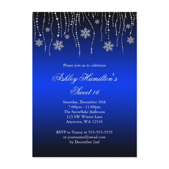 Blue Black Snowflakes Sweet 16 Winter Wonderland Invitation