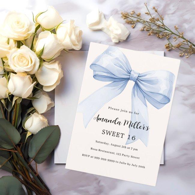 Blue Bow Cream Beige Elegant Sweet 16 Luxury Invitation