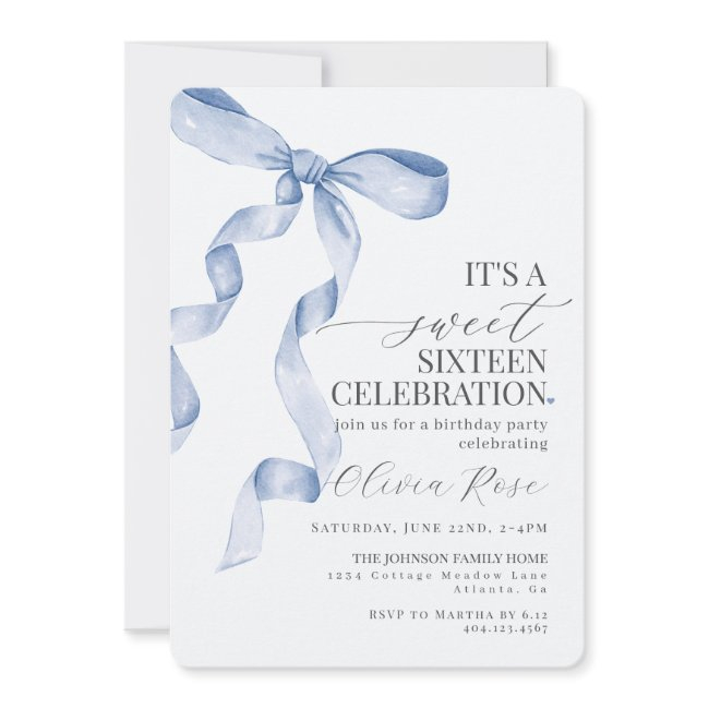 Blue Bow Sweet Sixteen Birthday Party Invitation