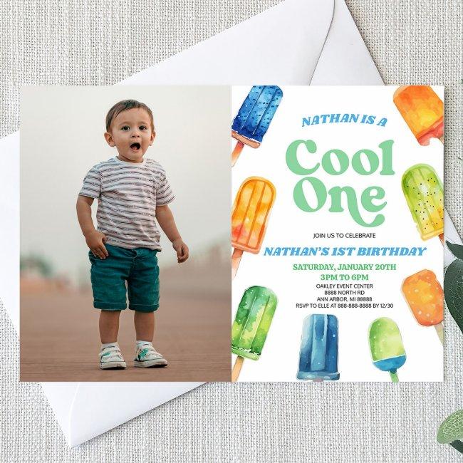 Blue Cool One Popsicle Picture 1st Birthday Party Invitation