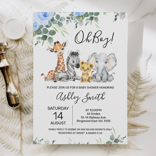 Blue Floral Eucalyptus Safari Baby Shower Invitation