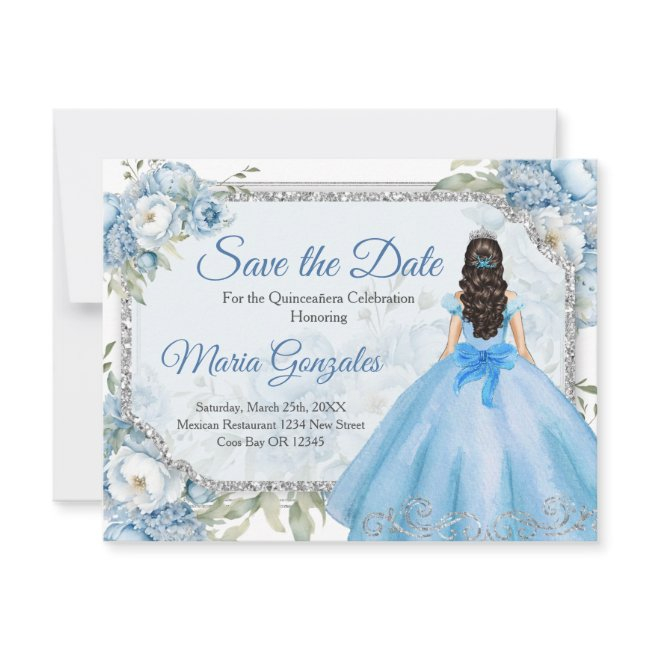 Blue Floral Silver Crown Quinceañera Save The Date Thank You Invitations