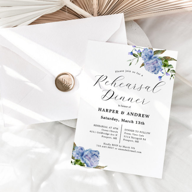 Blue Floral Wedding Rehearsal Dinner Invitation