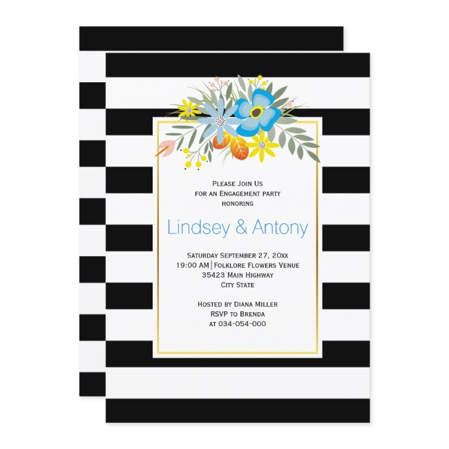 Blue Folklore Flowers And Stripes Engagement Party Invitation